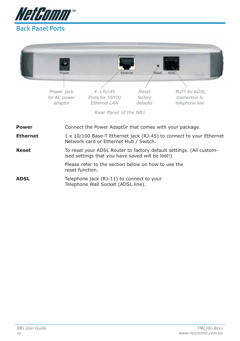 Back panel ports | NetComm NB1 User Manual | Page 10 / 91