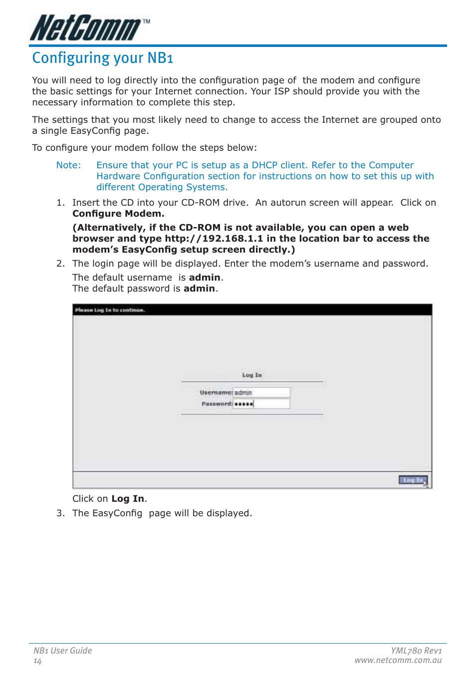 Configuring your nb1 | NetComm NB1 User Manual | Page 14 / 91