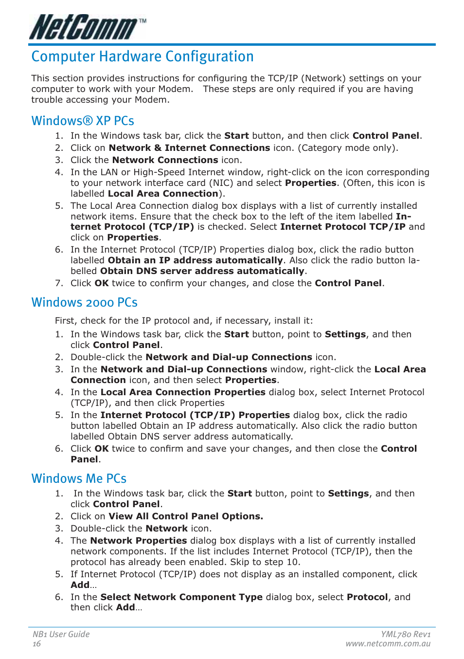 Computer hardware configuration, Windows® xp pcs, Windows 2000 pcs | Windows me pcs | NetComm NB1 User Manual | Page 16 / 91