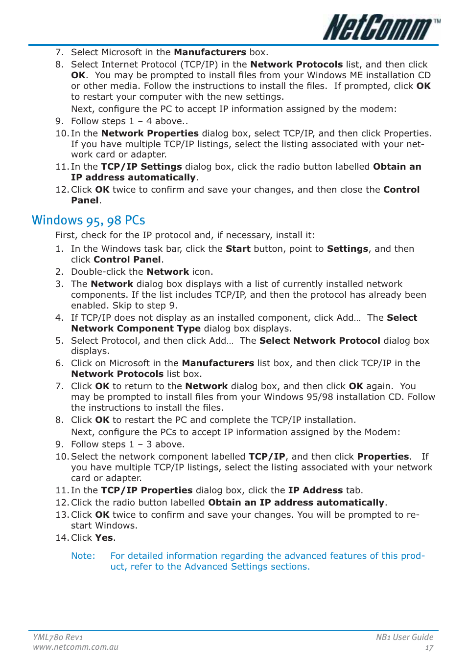 Windows 95, 98 pcs | NetComm NB1 User Manual | Page 17 / 91