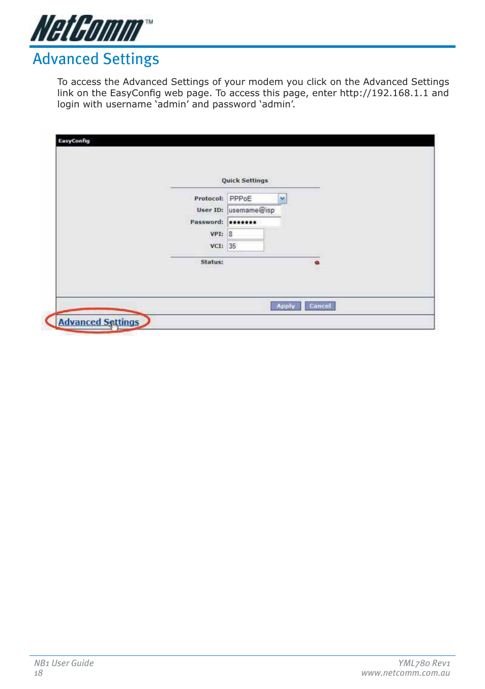 Advanced settings | NetComm NB1 User Manual | Page 18 / 91