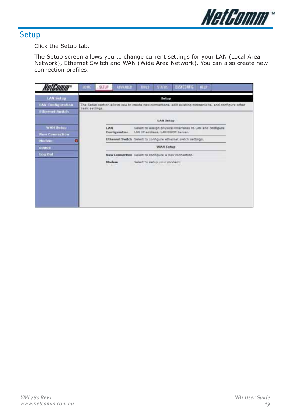 Setup | NetComm NB1 User Manual | Page 19 / 91