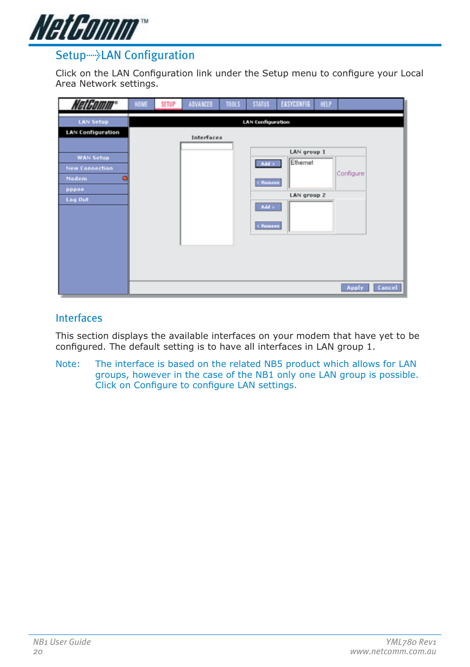 Setup>lan configuration | NetComm NB1 User Manual | Page 20 / 91