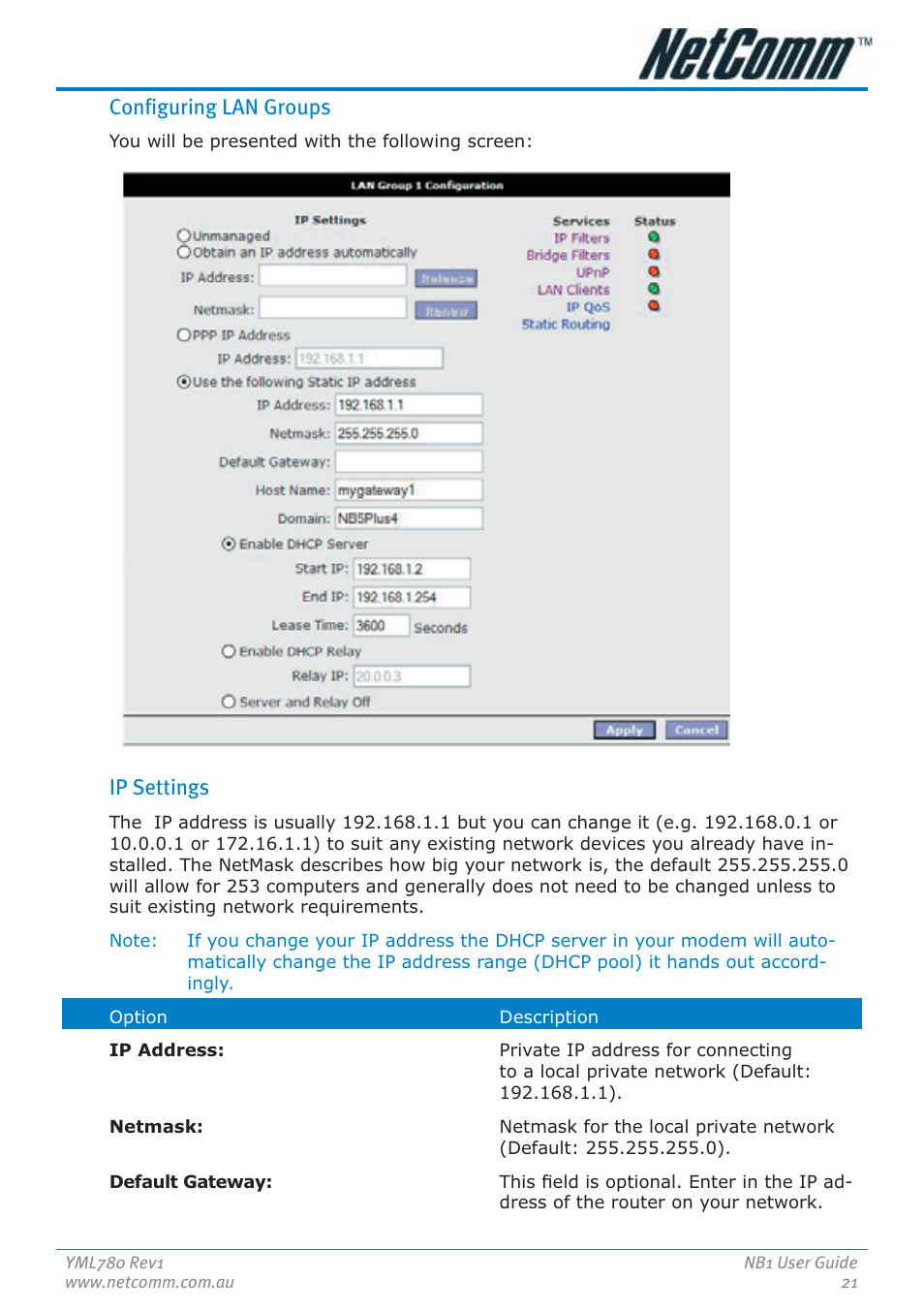 Configuring lan groups, Ip settings | NetComm NB1 User Manual | Page 21 / 91