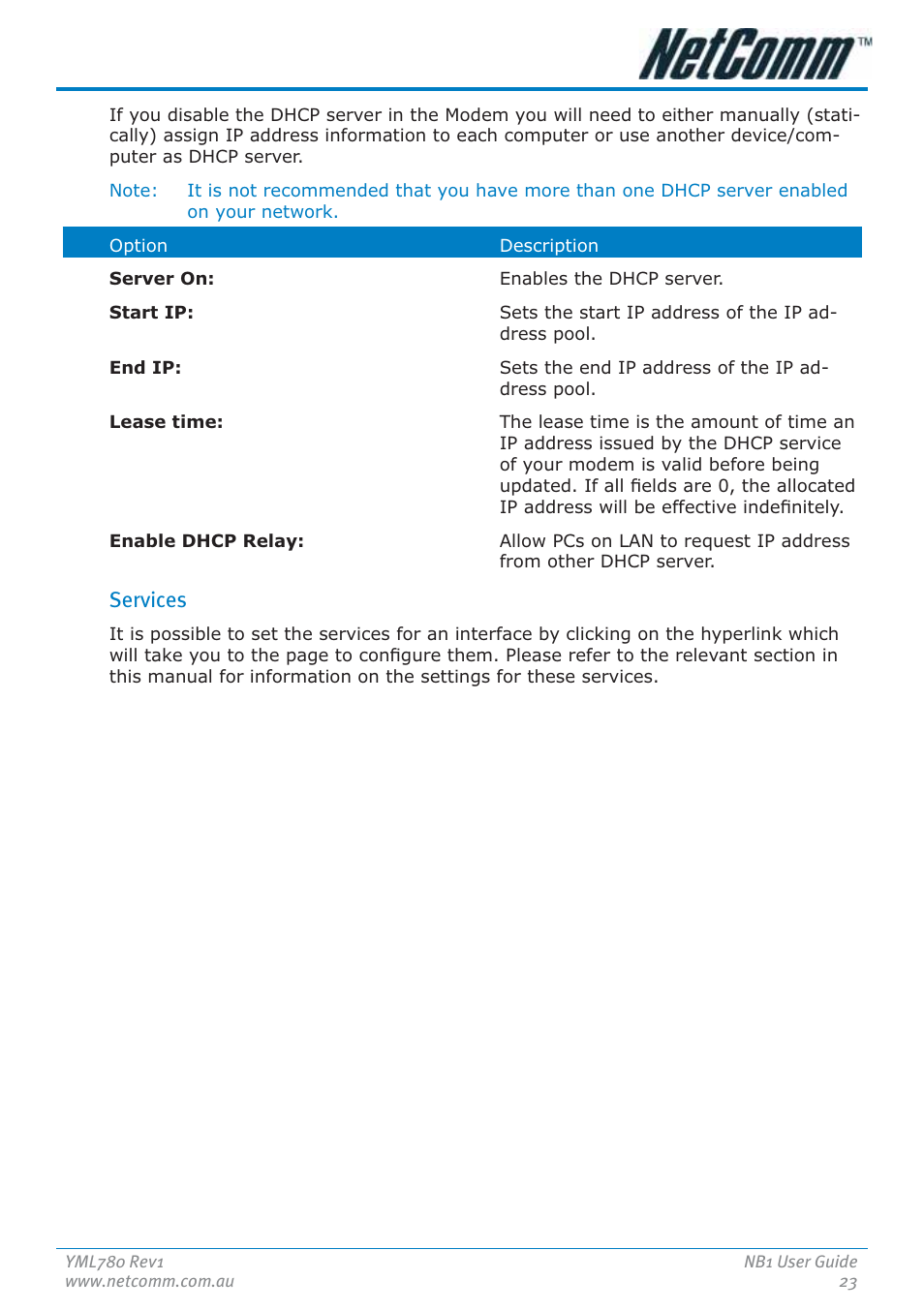 Services | NetComm NB1 User Manual | Page 23 / 91