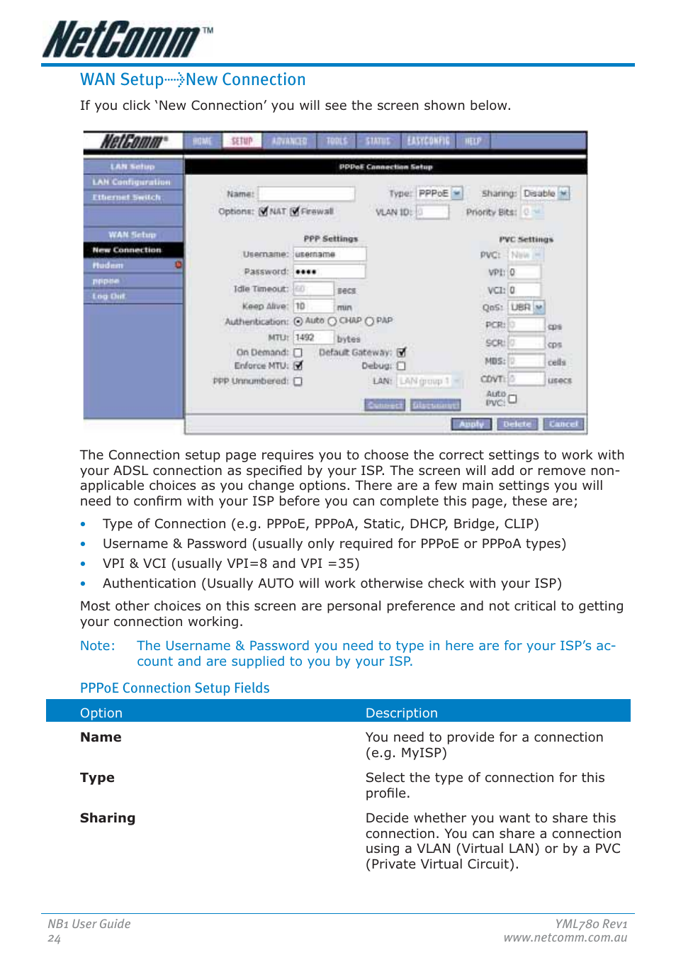 Wan setup>new connection | NetComm NB1 User Manual | Page 24 / 91