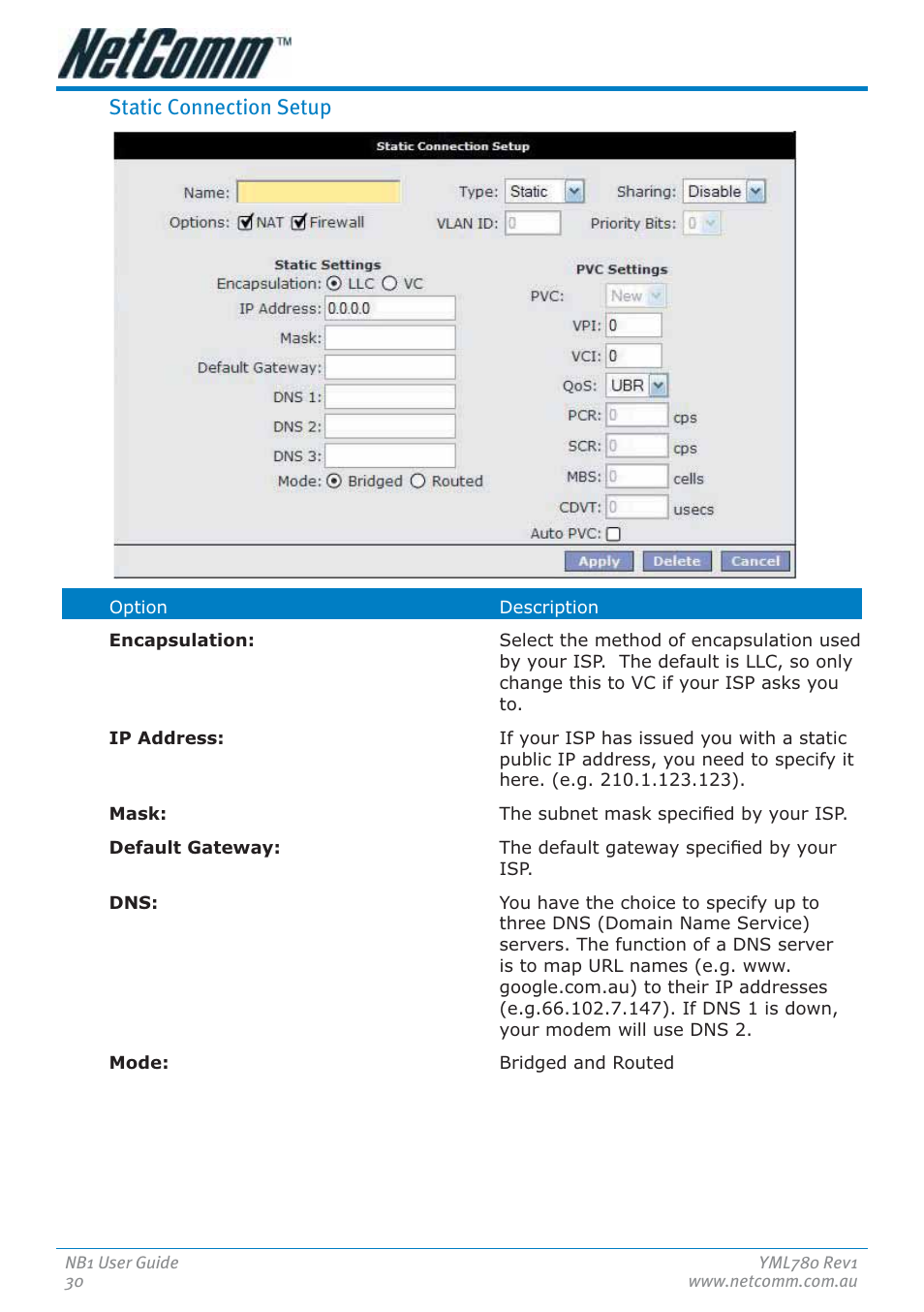 Static connection setup | NetComm NB1 User Manual | Page 30 / 91