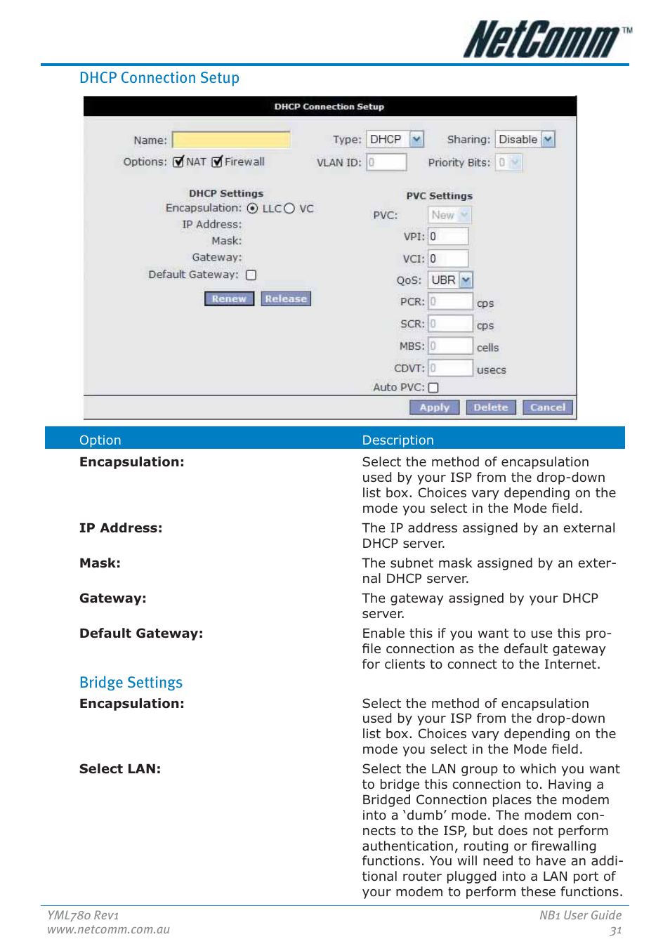 Dhcp connection setup, Bridge settings | NetComm NB1 User Manual | Page 31 / 91