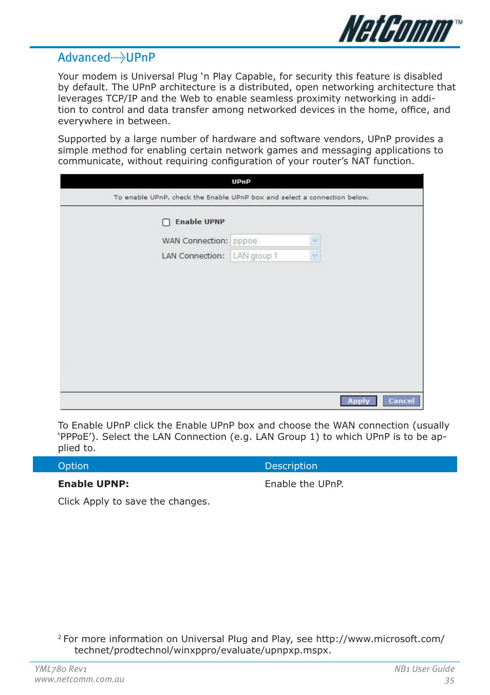 Advanced>upnp | NetComm NB1 User Manual | Page 35 / 91