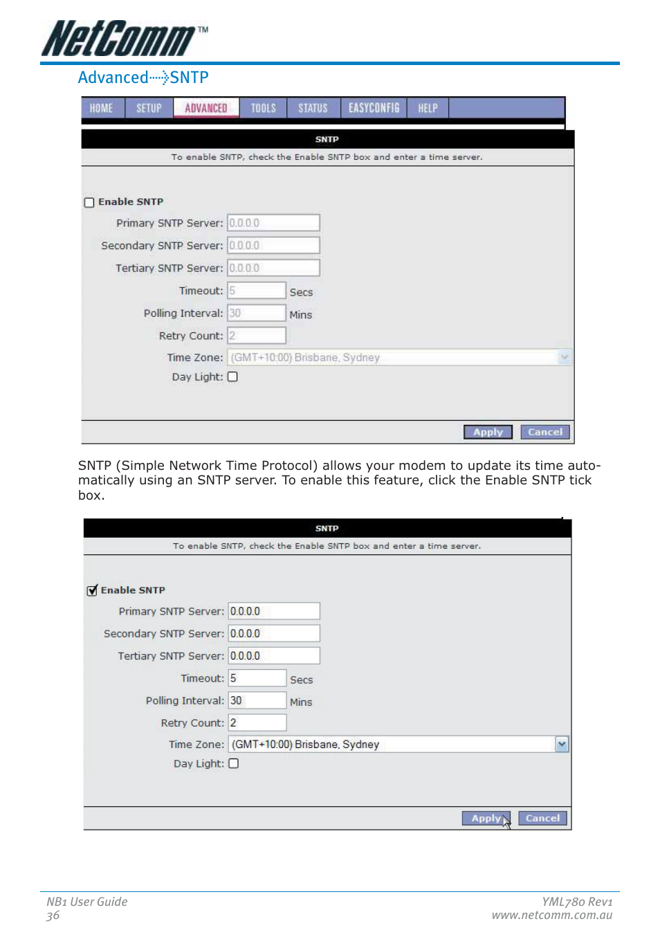 Advanced>sntp | NetComm NB1 User Manual | Page 36 / 91