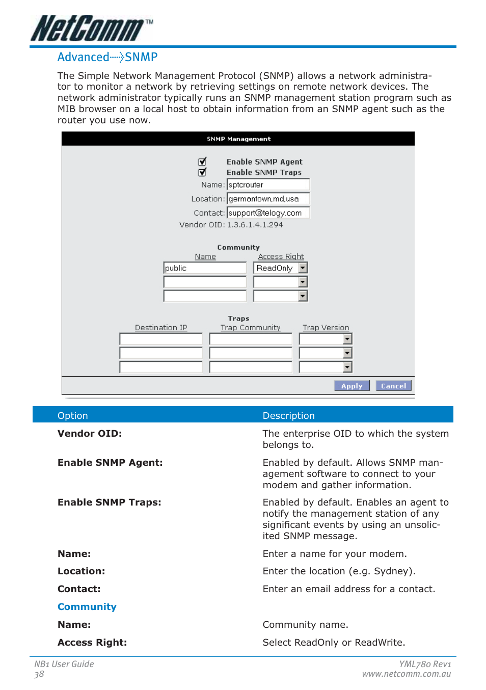 Advanced>snmp | NetComm NB1 User Manual | Page 38 / 91