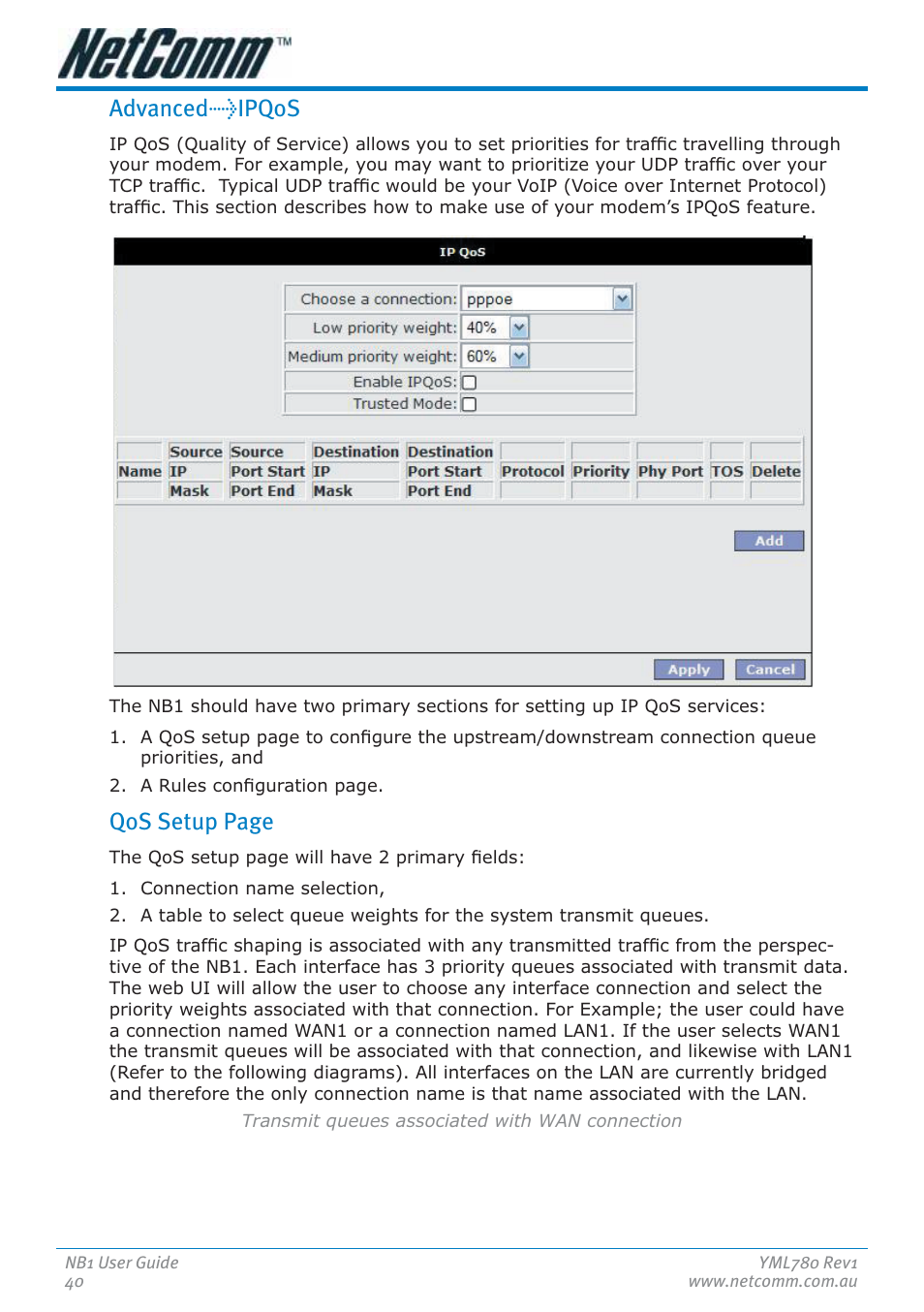 Advanced>ipqos, Qos setup page | NetComm NB1 User Manual | Page 40 / 91