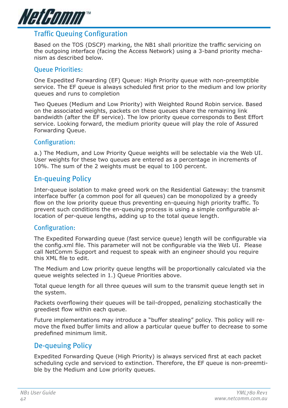 Traffic queuing configuration, En-queuing policy, De-queuing policy | NetComm NB1 User Manual | Page 42 / 91