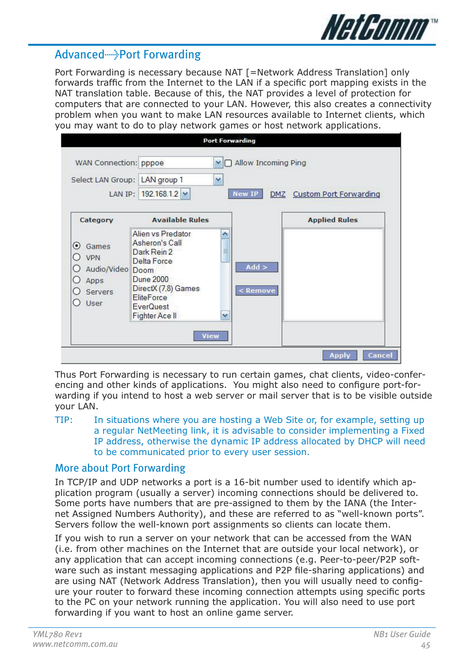 Advanced>port forwarding | NetComm NB1 User Manual | Page 45 / 91