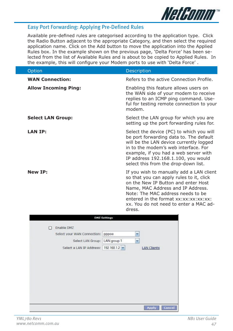 Easy port forwarding: applying pre-defined rules | NetComm NB1 User Manual | Page 47 / 91