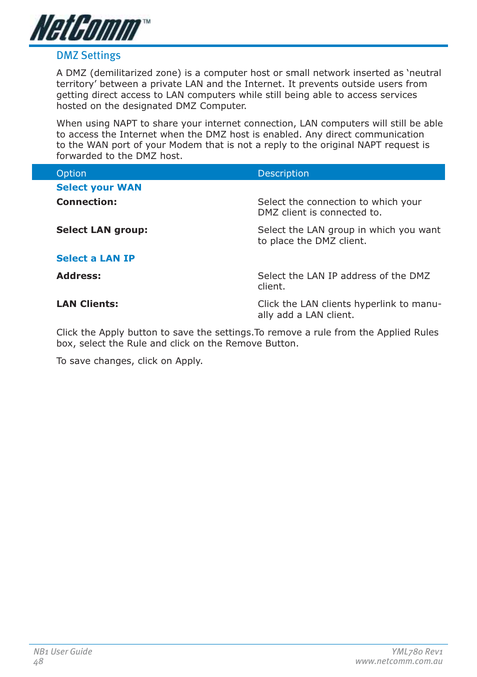 Dmz settings | NetComm NB1 User Manual | Page 48 / 91