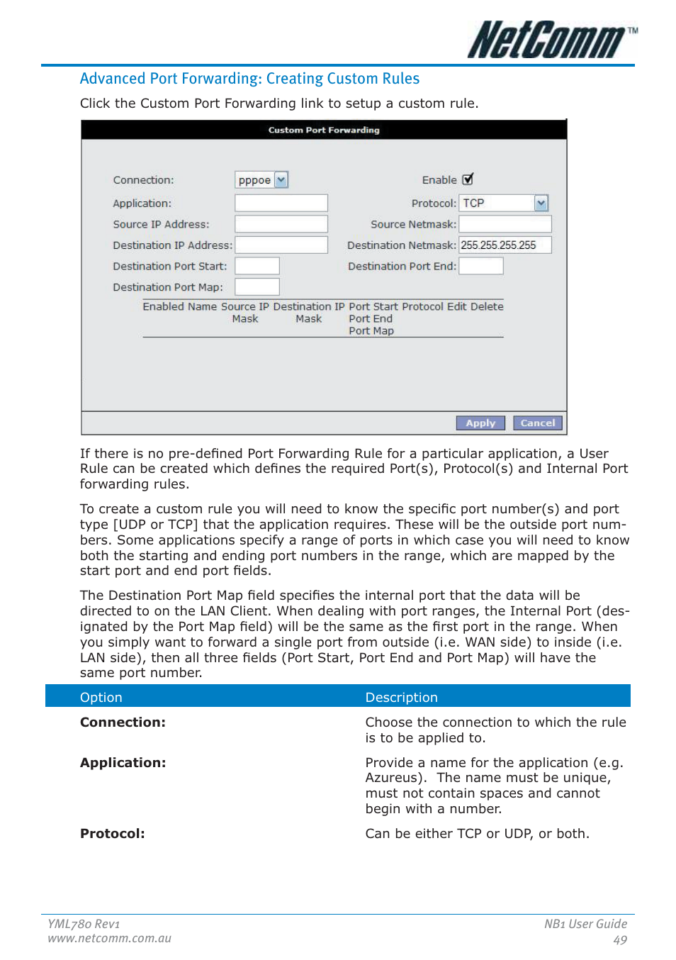 Advanced port forwarding: creating custom rules | NetComm NB1 User Manual | Page 49 / 91