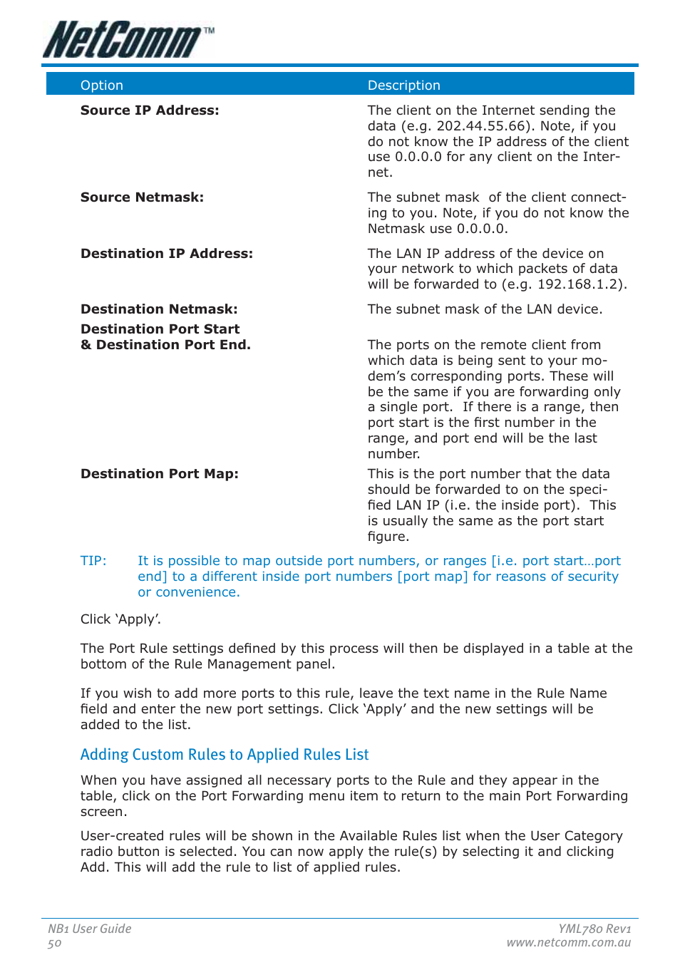 Adding custom rules to applied rules list | NetComm NB1 User Manual | Page 50 / 91