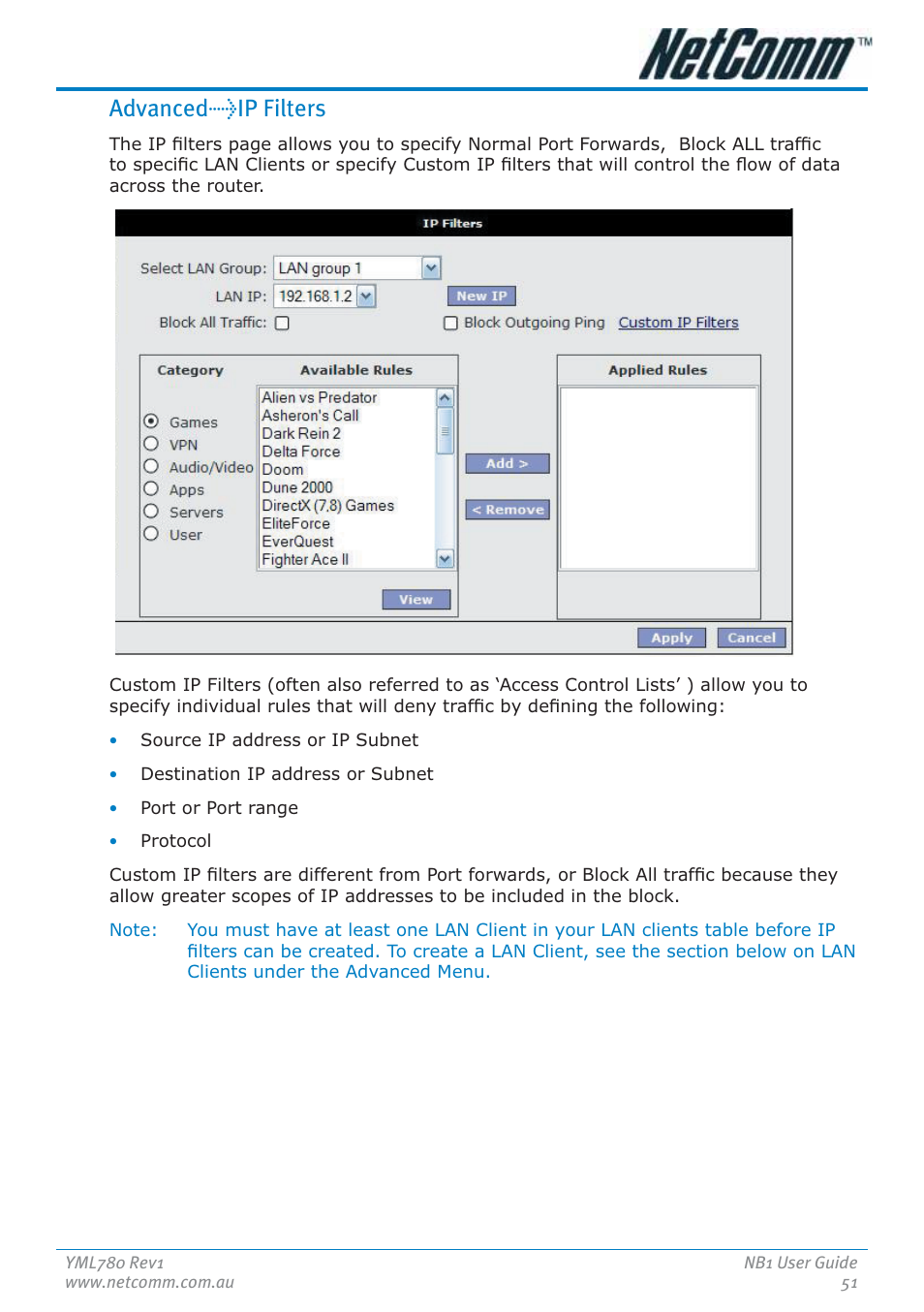 Advanced>ip filters | NetComm NB1 User Manual | Page 51 / 91