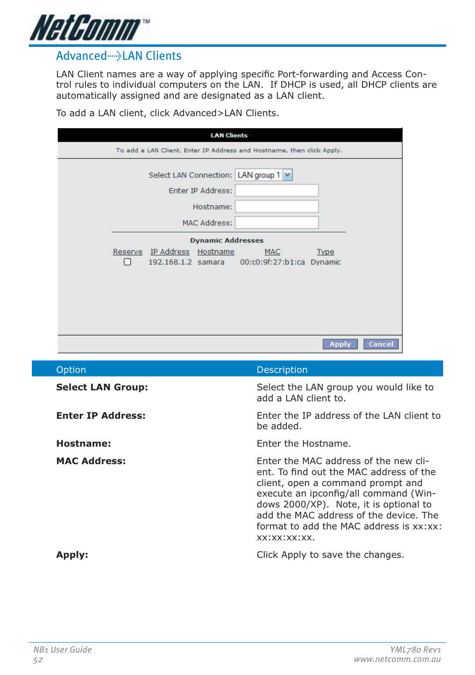 Advanced>lan clients | NetComm NB1 User Manual | Page 52 / 91