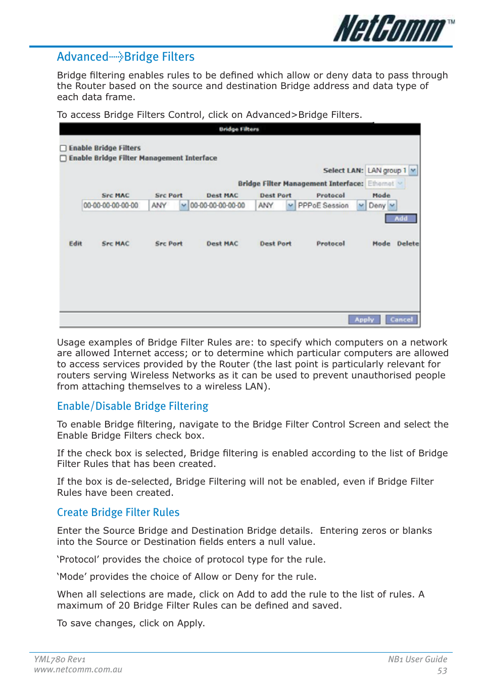 Advanced>bridge filters | NetComm NB1 User Manual | Page 53 / 91