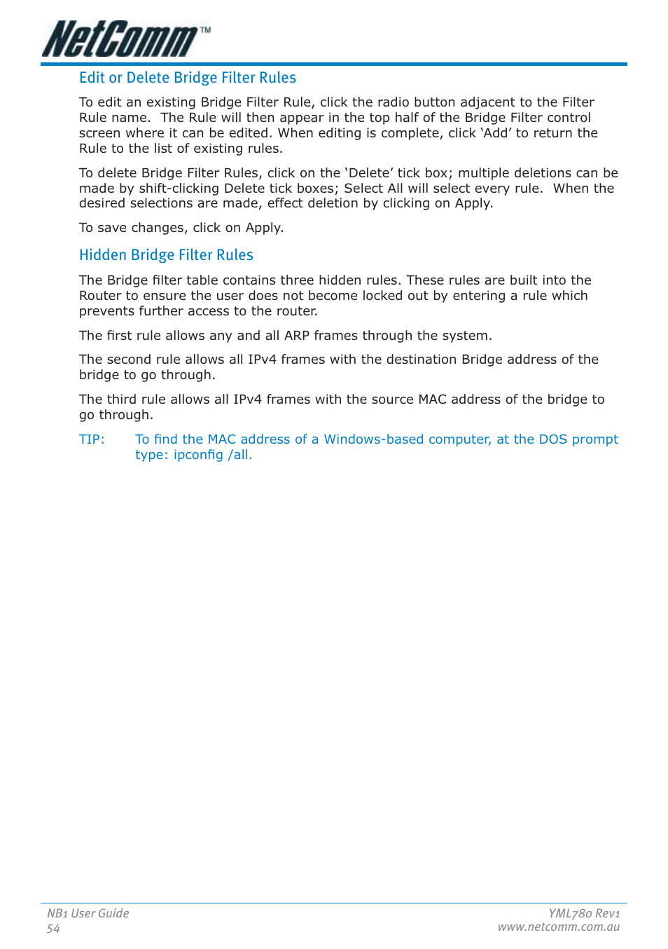 Edit or delete bridge filter rules, Hidden bridge filter rules | NetComm NB1 User Manual | Page 54 / 91