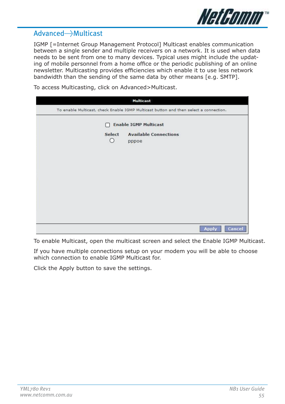 Advanced>multicast | NetComm NB1 User Manual | Page 55 / 91