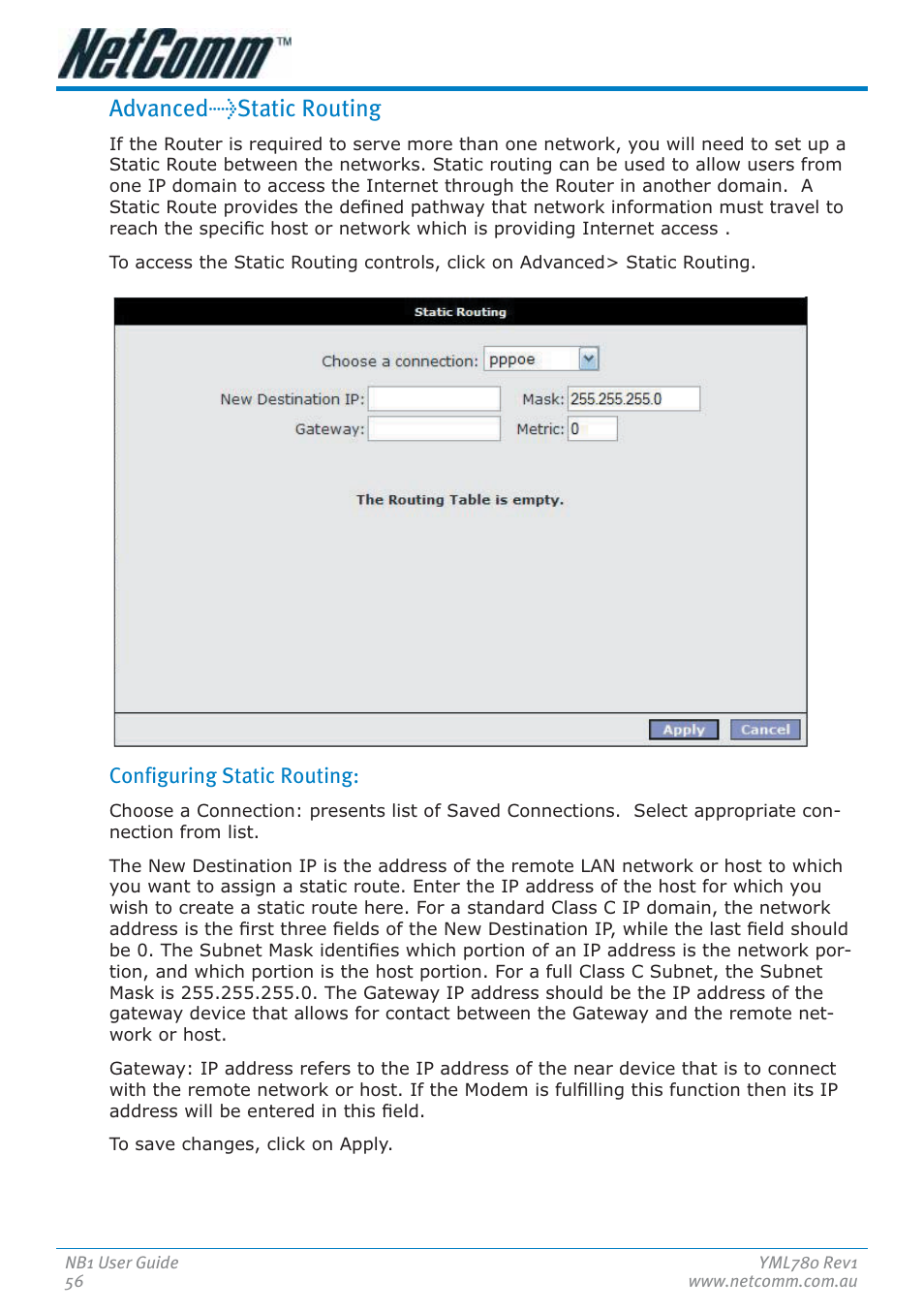 Advanced>static routing | NetComm NB1 User Manual | Page 56 / 91