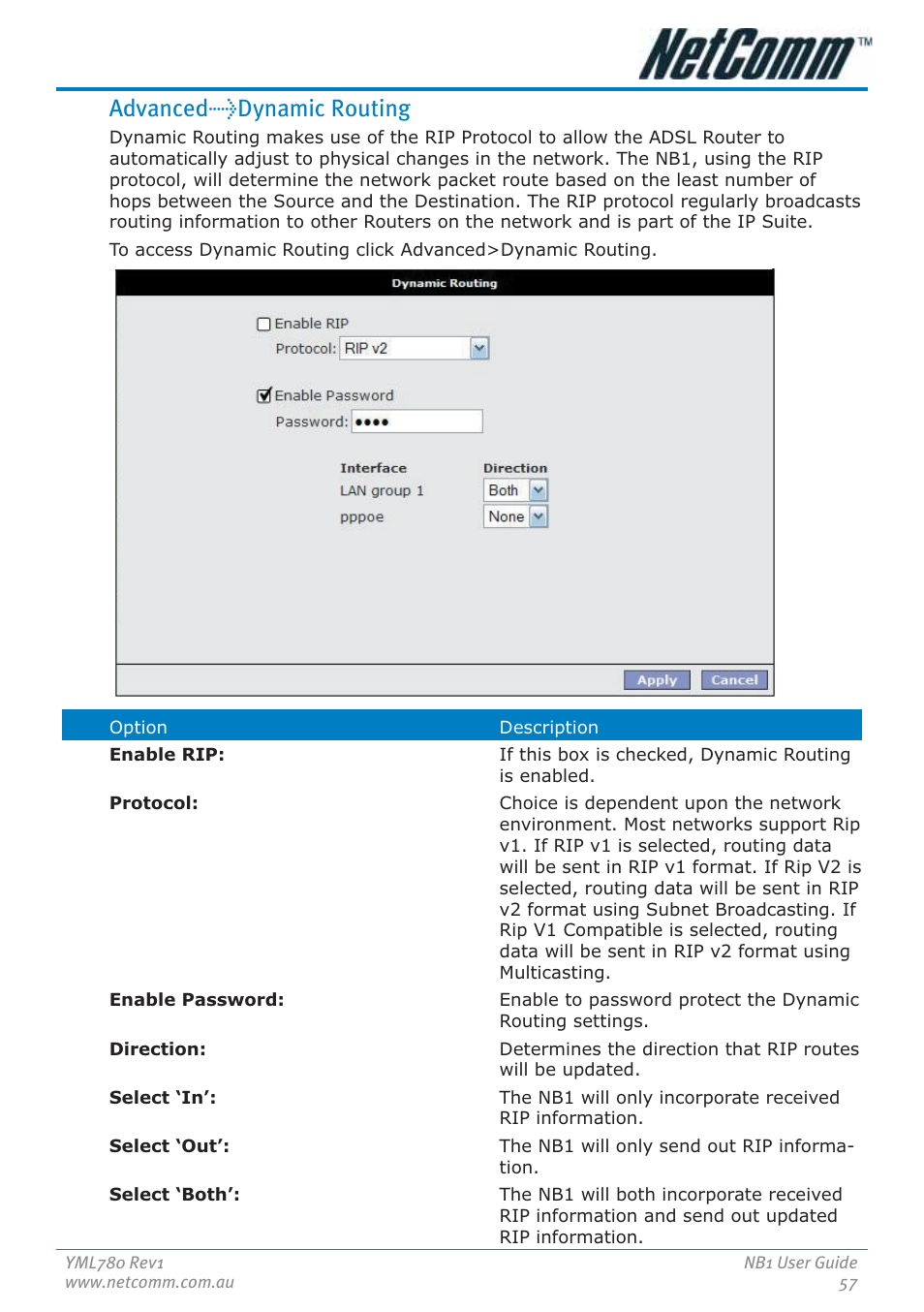 Advanced>dynamic routing | NetComm NB1 User Manual | Page 57 / 91