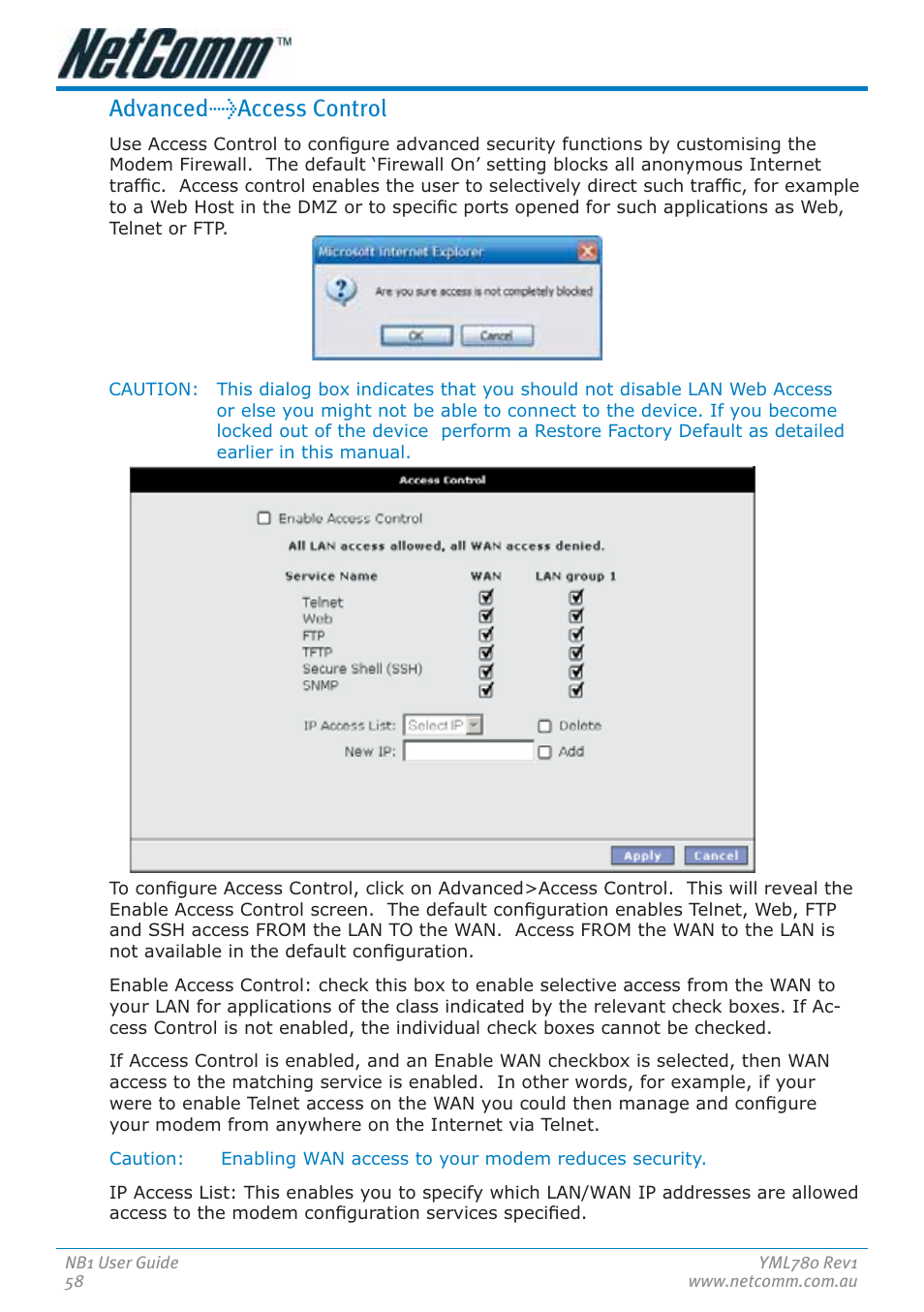 Advanced>access control | NetComm NB1 User Manual | Page 58 / 91