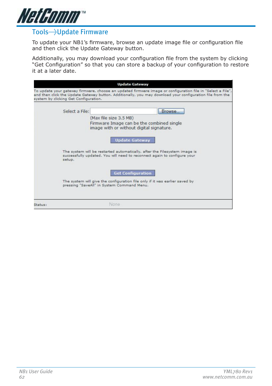 Tools>update firmware | NetComm NB1 User Manual | Page 62 / 91