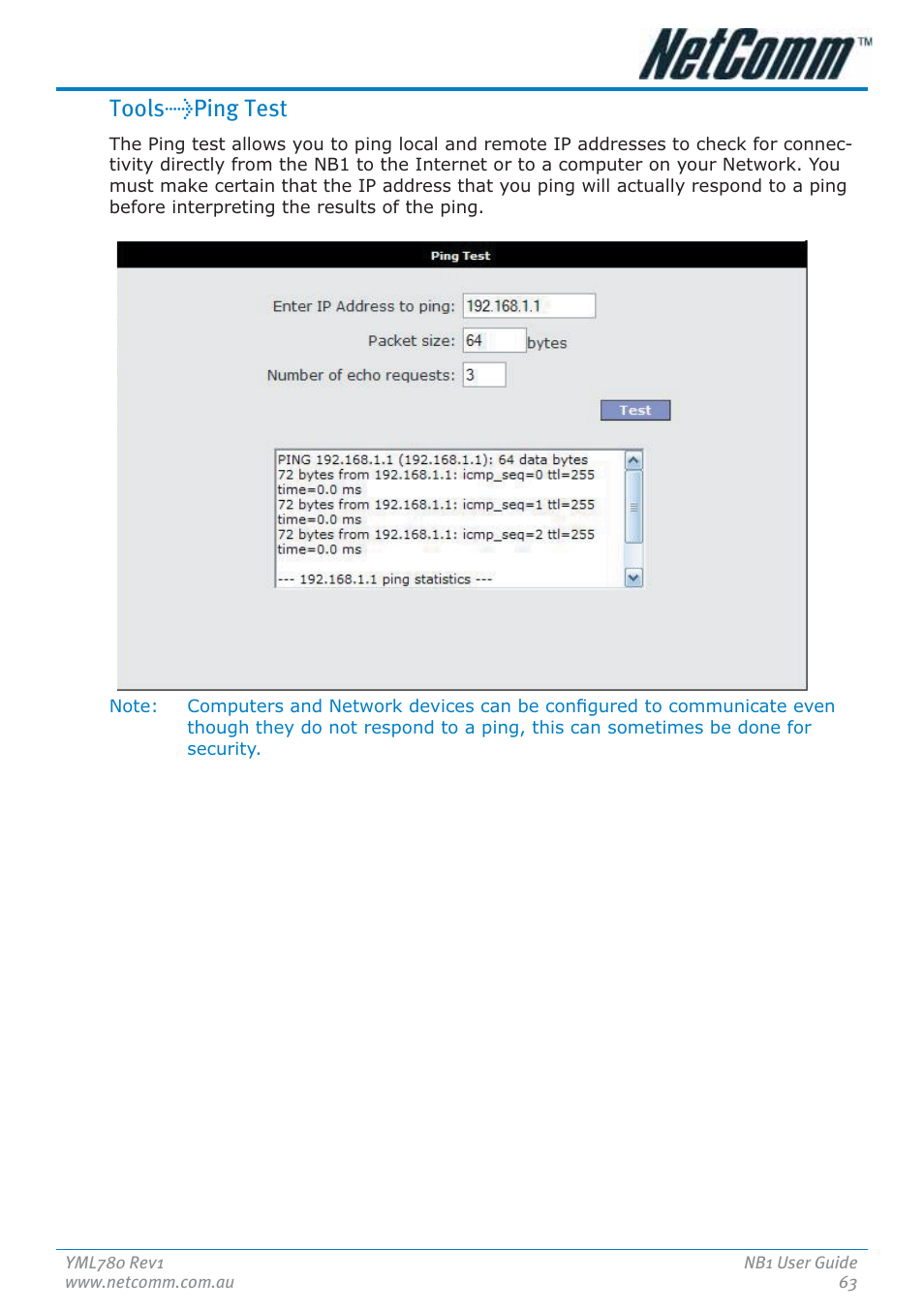 Tools>ping test | NetComm NB1 User Manual | Page 63 / 91