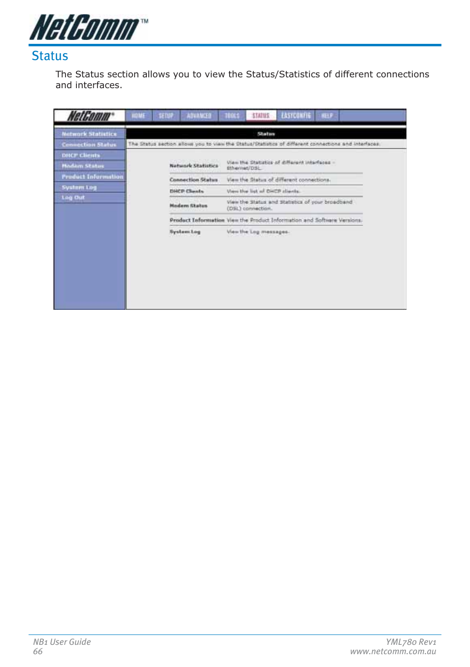 Status | NetComm NB1 User Manual | Page 66 / 91