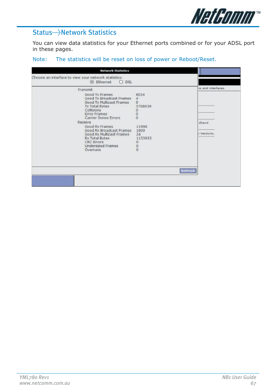 Status>network statistics | NetComm NB1 User Manual | Page 67 / 91