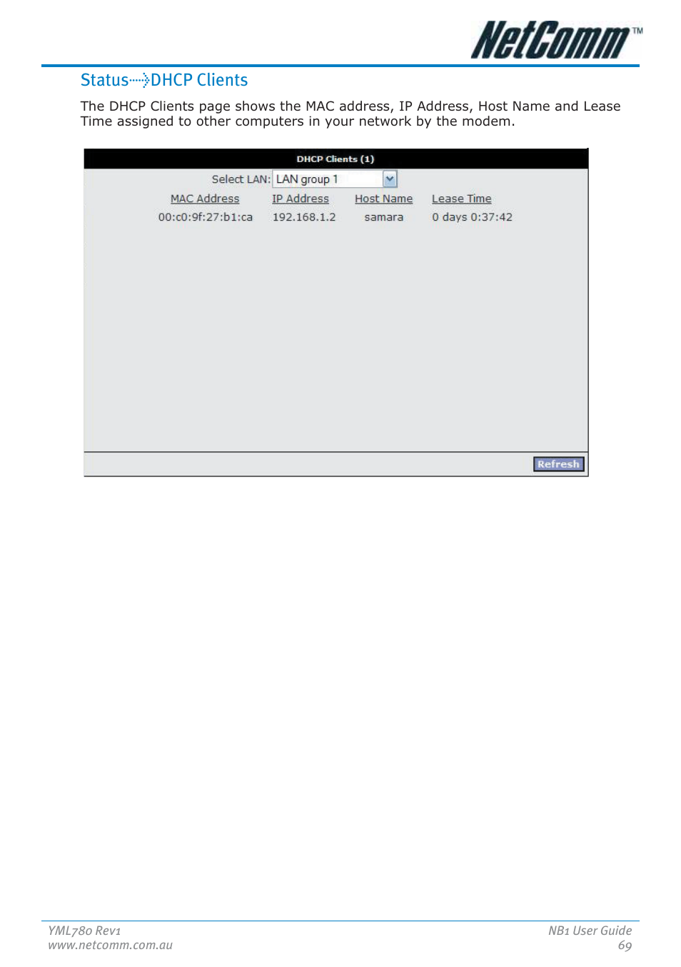 Status>dhcp clients | NetComm NB1 User Manual | Page 69 / 91