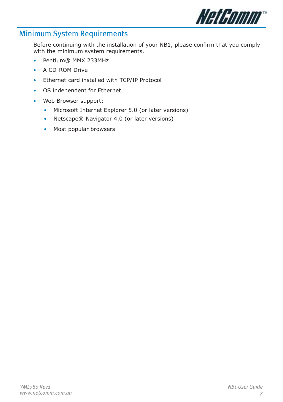 Minimum system requirements | NetComm NB1 User Manual | Page 7 / 91