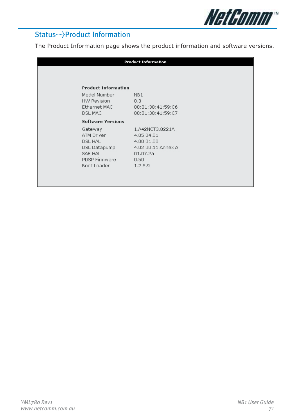 Status>product information | NetComm NB1 User Manual | Page 71 / 91