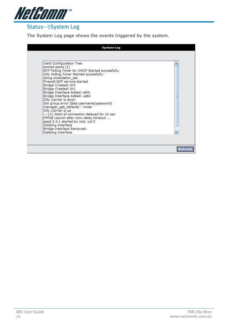 Status>system log | NetComm NB1 User Manual | Page 72 / 91