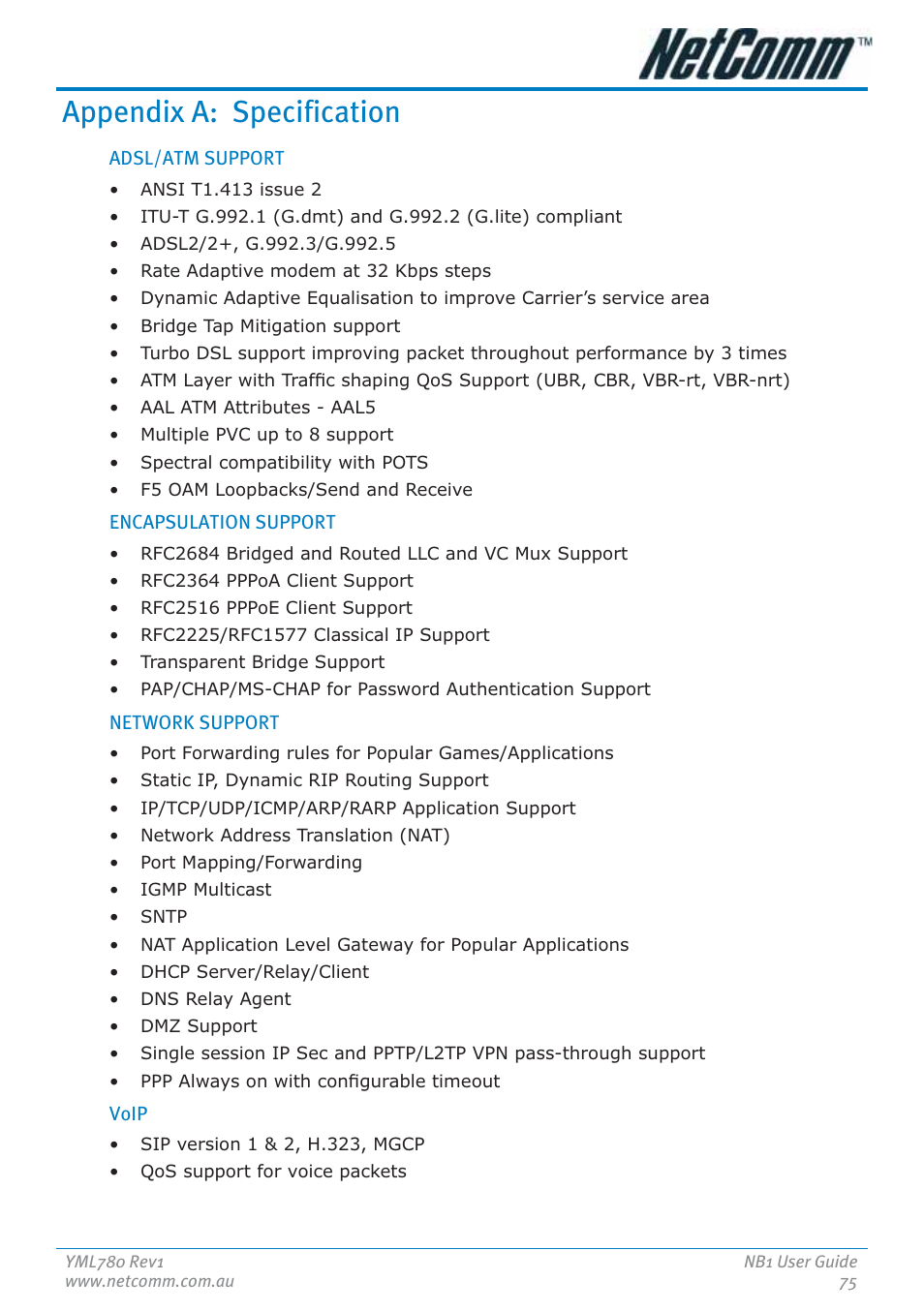 Appendix a: specification | NetComm NB1 User Manual | Page 75 / 91