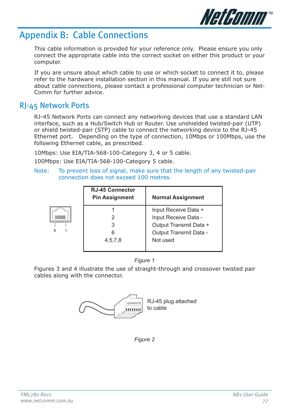 Appendix b: cable connections, Rj-45 network ports | NetComm NB1 User Manual | Page 77 / 91