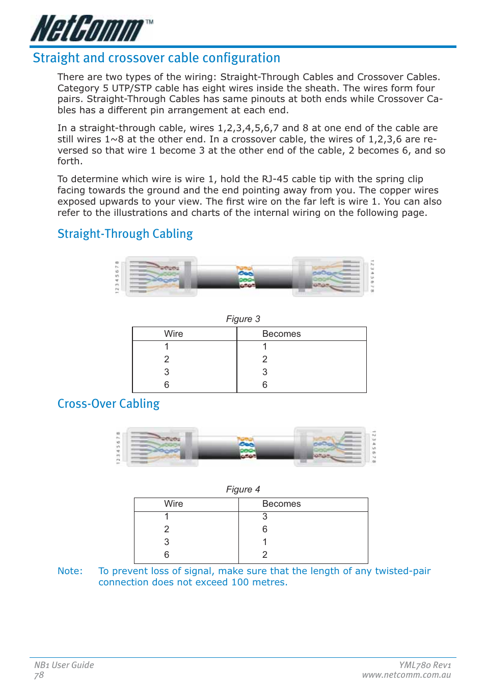 Straight and crossover cable configuration, Straight-through cabling, Cross-over cabling | NetComm NB1 User Manual | Page 78 / 91