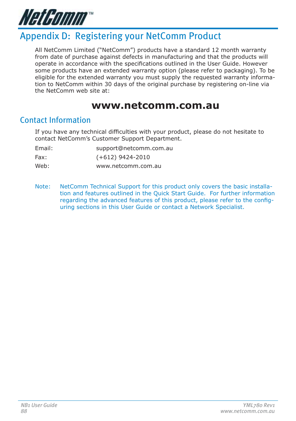 Appendix d: registering your netcomm product, Contact information | NetComm NB1 User Manual | Page 88 / 91