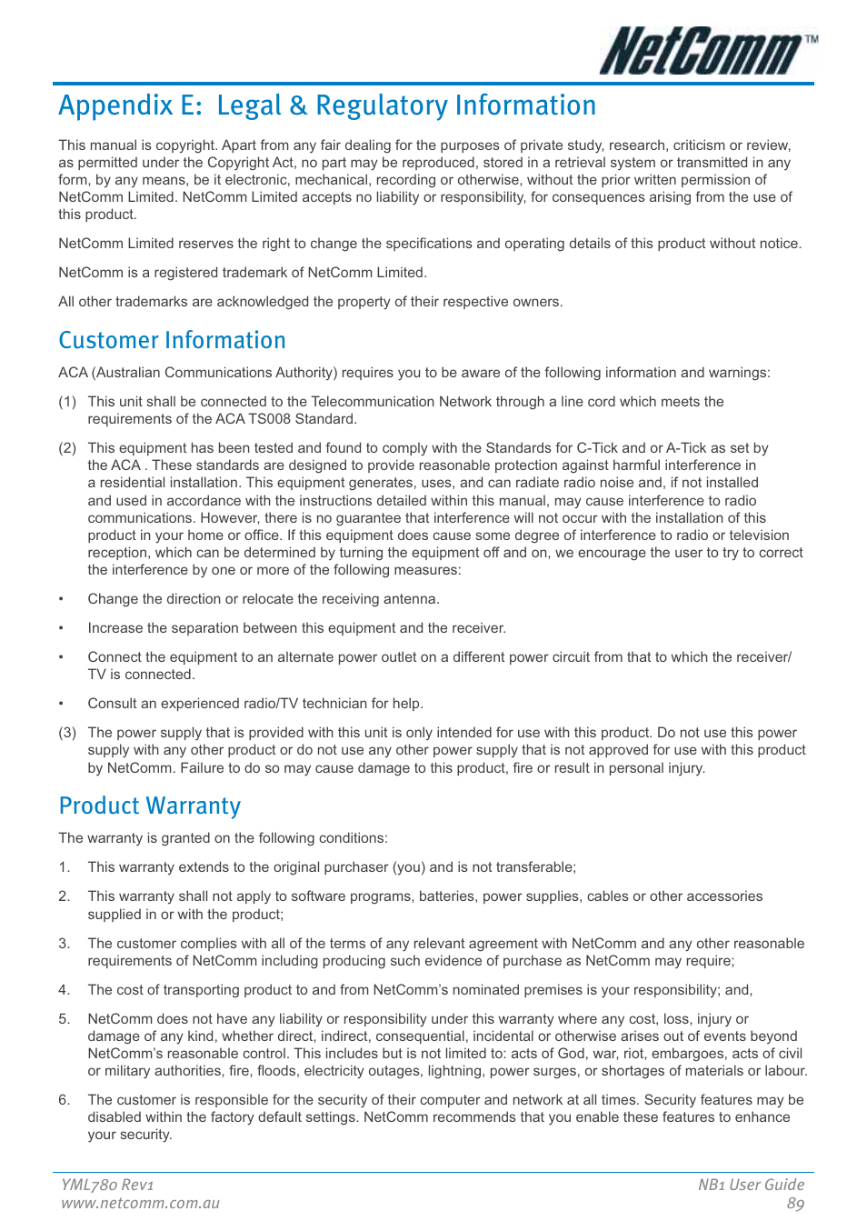 Appendix e: legal & regulatory information, Customer information, Product warranty | NetComm NB1 User Manual | Page 89 / 91