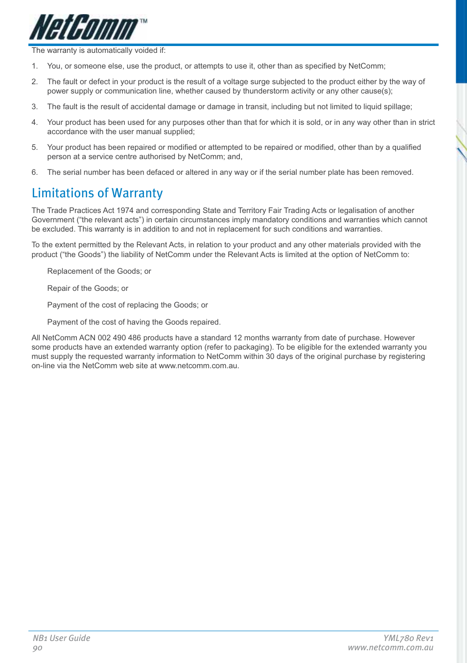 Limitations of warranty | NetComm NB1 User Manual | Page 90 / 91