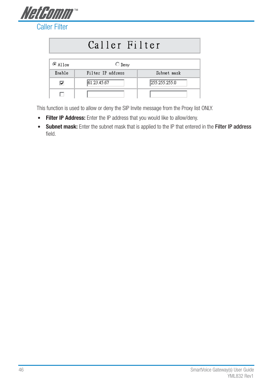 Caller filter | NetComm SmartVoice Gateway User Manual | Page 46 / 95