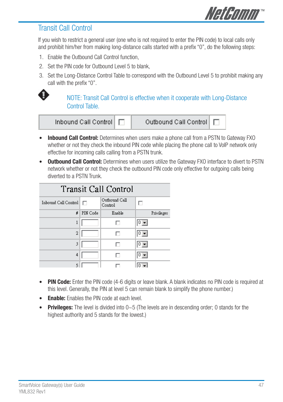 Transit call control | NetComm SmartVoice Gateway User Manual | Page 47 / 95