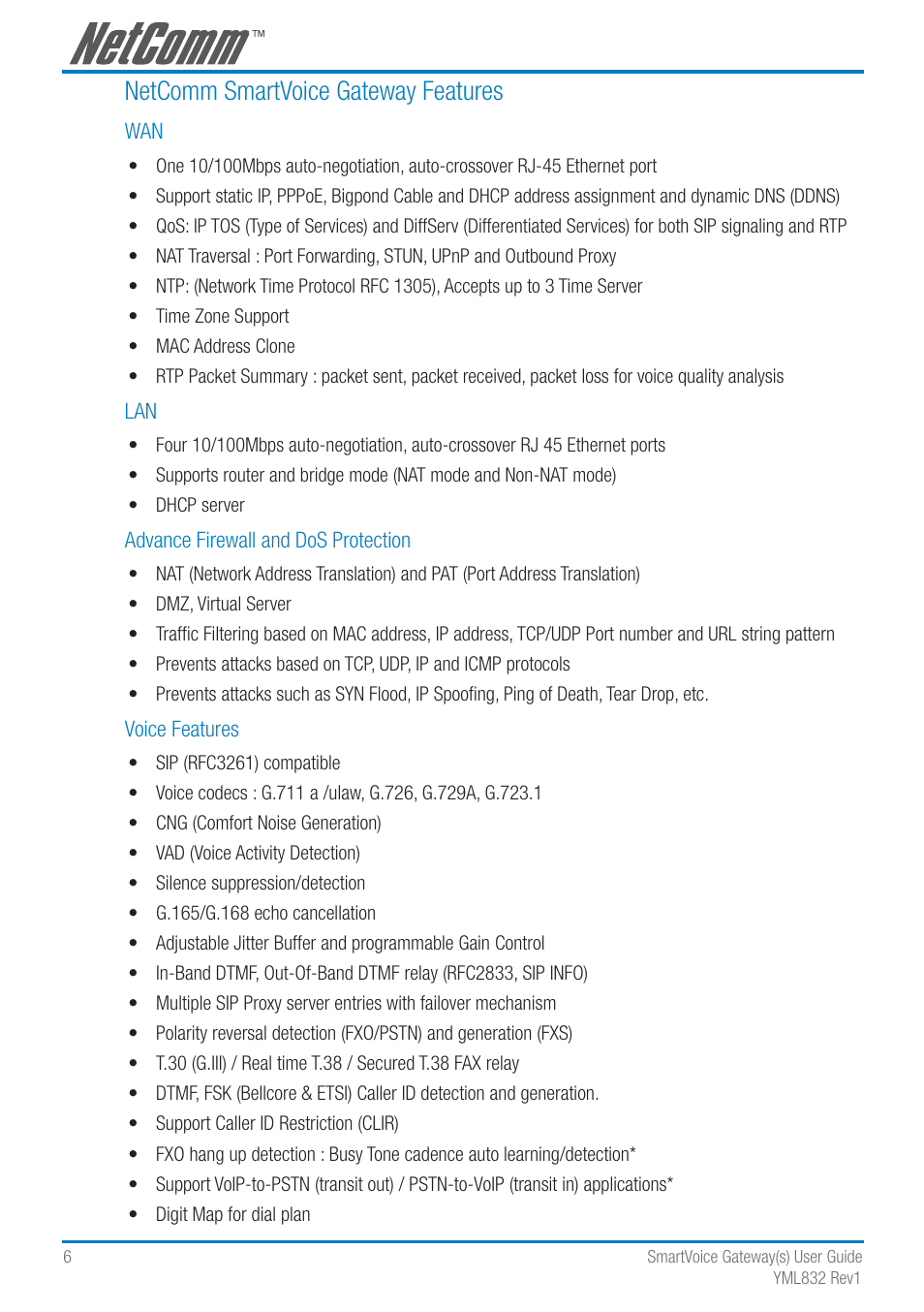 Netcomm smartvoice gateway features | NetComm SmartVoice Gateway User Manual | Page 6 / 95