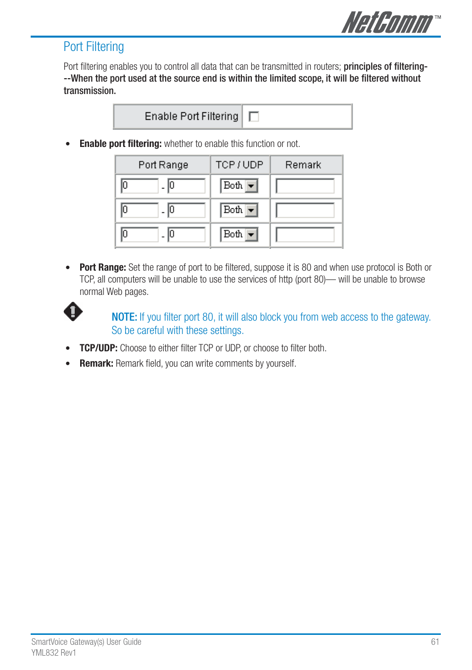 Port filtering | NetComm SmartVoice Gateway User Manual | Page 61 / 95