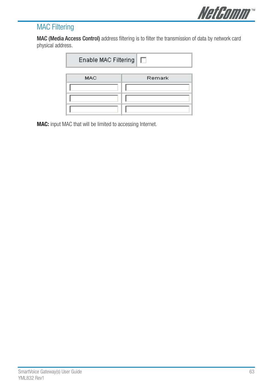 Mac filtering | NetComm SmartVoice Gateway User Manual | Page 63 / 95