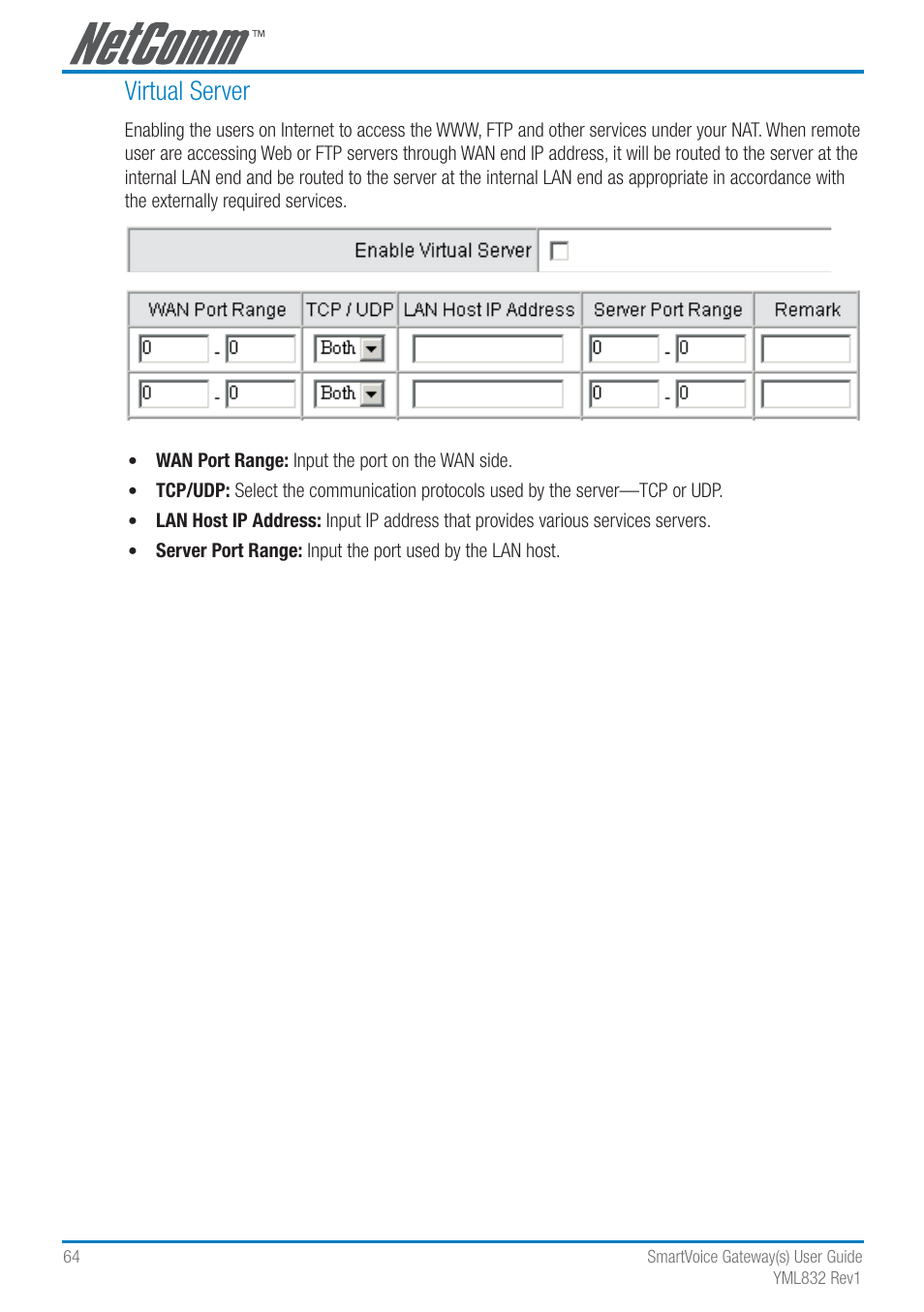 Virtual server | NetComm SmartVoice Gateway User Manual | Page 64 / 95